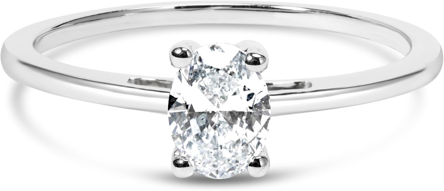 14K White Gold 1/2 Cttw Oval Lab Grown Diamond 4 Prong Solitaire Engagement Ring (F-G Color, VS2-SI1 Clarity)