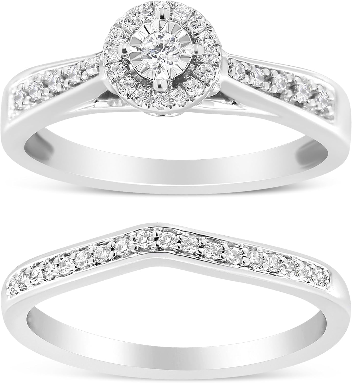 .925 Sterling Silver 1/3 Cttw Diamond Halo and Pave Shank Engagement Ring Set (I-J Color, I3 Clarity)