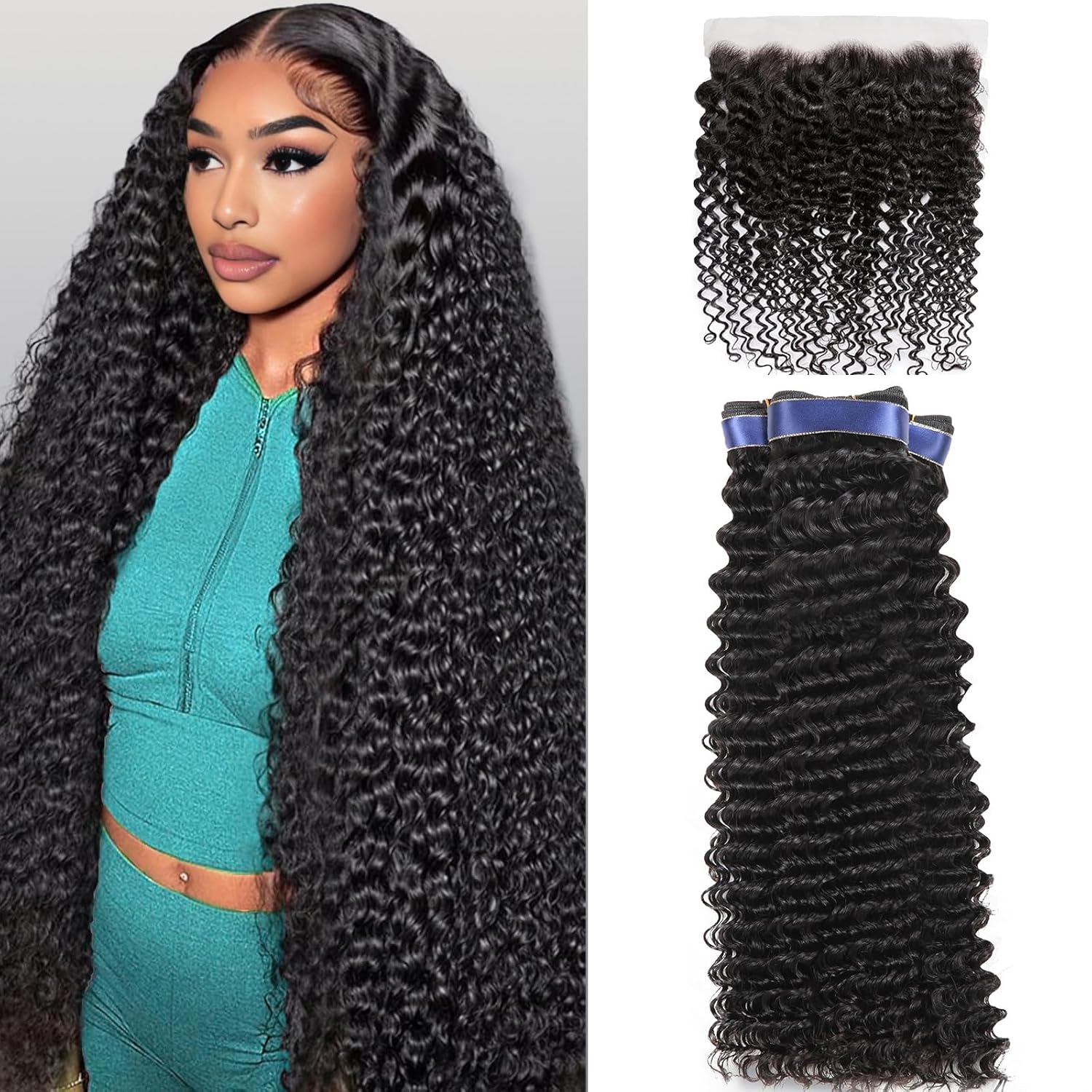 Deep Wave Human Hair Bundles with 13x4 HD Lace Frontal (30 30 30+20, Free Part) 16A 3 Curly Bundles Human Hair with Frontal 100% Brazilian Raw Hair Weave Wet and Wavy Water Wave Bundle Natural Black