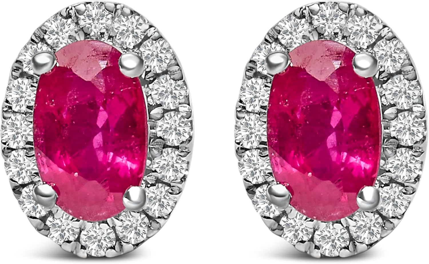 10K White Gold 5x3 MM Oval Cut Birthstone and Diamond Halo Stud Earrings (I-J Color, I1-I2 Clarity)