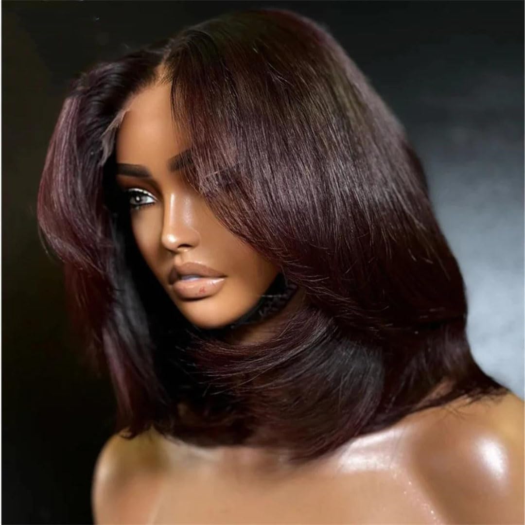 WomenS Short Burgundy Layered Bob Human Hair Wig 13X6 Lace Front Pre Plucked For Stylish Look