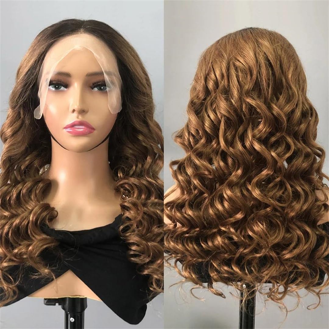 Lace Front Wig Brazilian Omber Lace Closure Wigs Dark Root Brown Wave Human Hair Wigs For Woman Remy Texture 3 4x4#30inches#180 Density