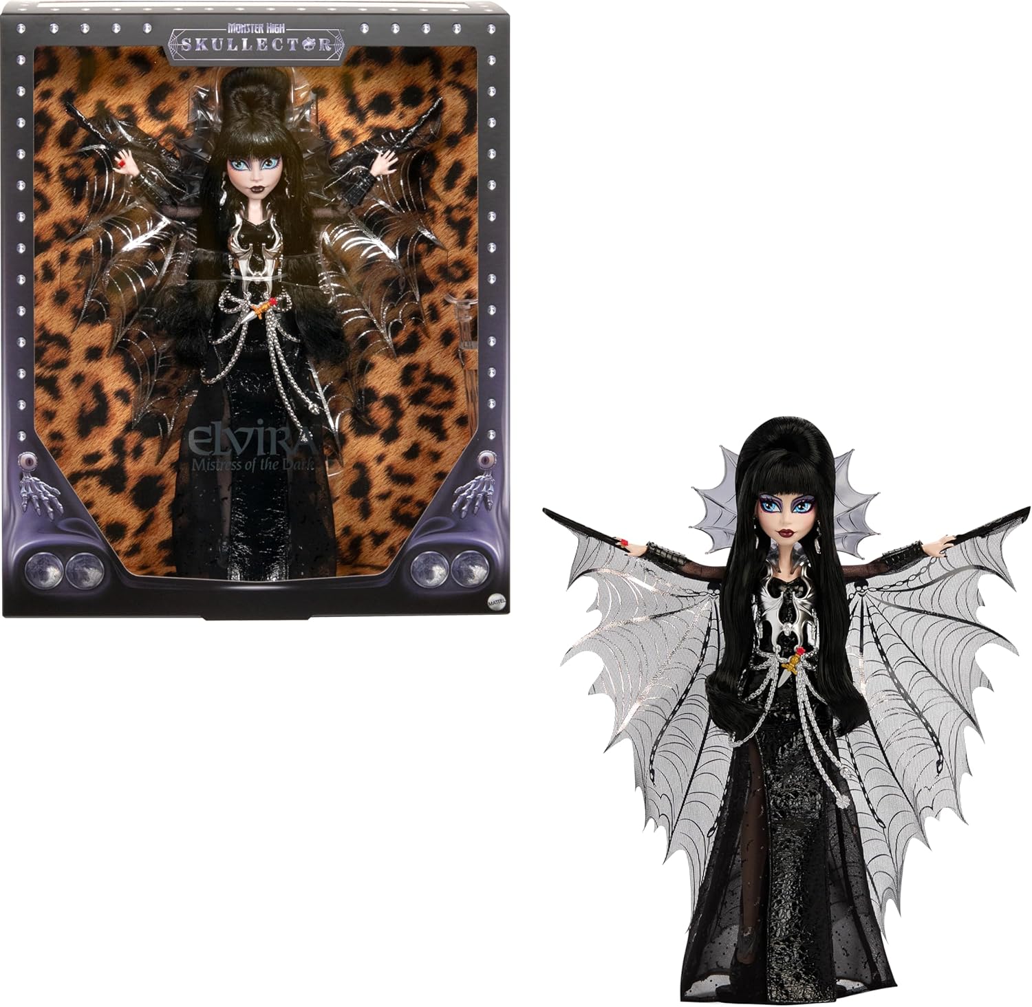Monster High Doll, Elvira, Mistress of The Dark Collectible in Black Faux Leather Dress with Silvery Batwing Cape and Premium Accessories